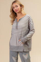 BiBi Women's Striped Thumbhole Long Sleeve Thermal Henley Top