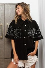 BiBi Sequin Detail Raw Hem Short Sleeve Cotton Shirt - Trendy & Glamorous