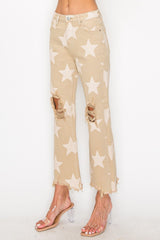 Trendy High Rise Star Printed Jeans with Distressed Frayed Hem