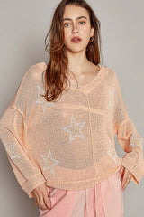 POL Women's V-Neck Long Sleeve Star Print Knit Top - Cozy & Stylish