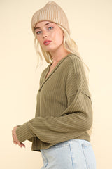 VERY J Women's Exposed Seam V-Neck Ribbed Knit Top - Cozy Autumn Fashion Essential