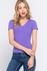 ACTIVE BASIC Women's V-Neck Ribbed Short Sleeve Knit T-Shirt – Trendy & Comfortable