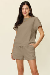 Stylish Texture Short Sleeve T-Shirt & Shorts Set - Double Take Collection