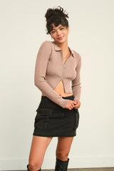 HYFVE Ribbed Double Zip Cropped Cardigan - Elegant & Versatile Women's Knitwear