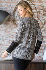 Heimish Snakeskin Print Round Neck Top with Lace Contrast – Fashionable and Flattering
