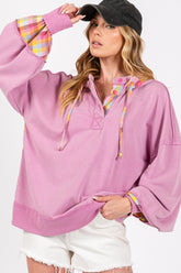 SAGE + FIG Full Size Plaid Print Mineral Wash Hoodie - Vintage Style