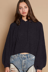 Stylish Back Open Slit Balloon Sleeve Crop Hooded Sweater - POL Collection