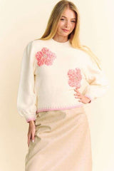Davi & Dani Floral Patch Fuzzy Mock Neck Women's Sweater - Cozy & Stylish