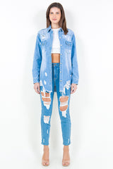 American Bazi Frayed Hem Distressed Denim Shirt Jacket - Versatile & Trendy Outerwear