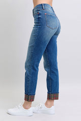 Judy Blue Full Size Plaid Cuff Mid Waist Straight Leg Jeans with Pockets - Versatile Denim