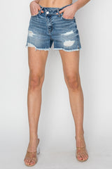 RISEN Stepped Waist Frayed Denim Shorts - Trendy Summer Fashion