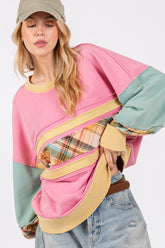 Trendy Mineral Wash Raw Edge Color Block Sweatshirt with Plaid Print