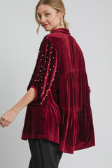 Umgee Velvet Babydoll Blouse with Pearl Detailing - Chic Collared Neck