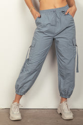 VERY J Y2K Elastic Waist Cargo Pants with Utility Pockets - 100% Nylon