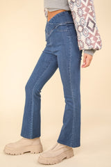VERY J Crossover Waist Stretchy Flare Denim Leggings - Stylish & Comfortable Fit