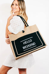 Fame Hello Weekend Burlap Tote Bag - Large, Durable & Stylish Carryall