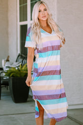 Elegant V-Neck Striped Midi Dress with Chic Slit | Perfect for Any Occasion - NK Wears