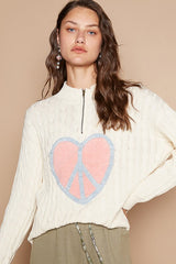POL Cable-Knit Peace Patch Sweater with Relaxed Dropped Shoulder Design