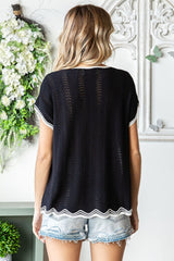 First Love Full-Size Wavy Crochet Drop Shoulder Knit Top - Bohemian Chic Style