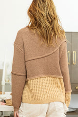 BiBi Textured Contrast Drop Shoulder Sweater - Cozy Fall & Winter Fashion