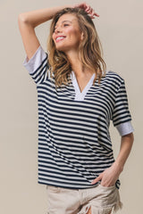 BiBi Contrast Striped Notched Knit Top - Chic & Versatile Modern Fashion