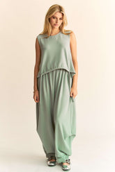 Davi & Dani mint green drawstring hem round neck tank and pants set for casual wear and lounging.