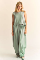 Davi & Dani mint green drawstring hem round neck tank and pants set for casual wear and lounging.