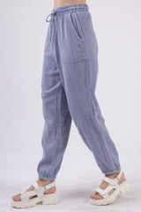 VERY J Women's Washed Crinkle Gauze Cargo Pants with Drawstring