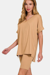 Zenana Women's Casual V-Neck T-Shirt & Biker Shorts Set - Perfect for Lounge & Gym