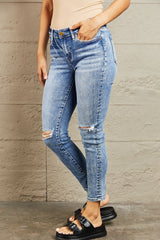 BAYEAS Mid Rise Distressed Skinny Jeans - Dark Wash Chic Denim