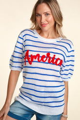 Trendy Haptics Letter Embroidery Striped Knit Top - Versatile & Stylish
