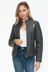 Chic Faux Leather Zip-Up Mock Neck Jacket for Versatile Style