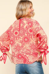 Elegant Floral Blouse with Ribbon Bow Detail and Round Neck | Haptics