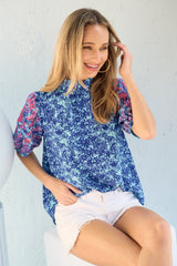 Hailey & Co Women's Embroidered Puff Sleeve Printed Blouse - Elegant & Trendy