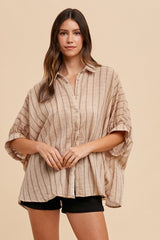 Annie Wear Women's Striped Button-Up Half Sleeve Cotton Shirt