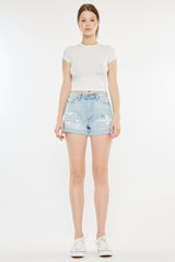 Kancan High Rise Repaired Mom Denim Shorts - Vintage Style & Comfortable Fit
