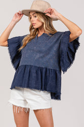 SAGE + FIG Women's Ruffle Sleeve Washed Cotton Blouse – Chic Short Sleeve Top