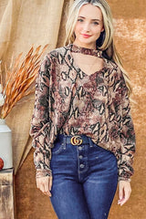 Chic Choker Neck Snake Print Dolman Sleeve Top - Stylish & Trendy
