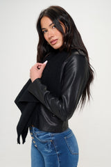 Coalition LA Women's Knit Collared Faux Leather Crop Jacket