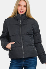 Zenana Women's Zip-Up Turtleneck Puffer Jacket with Pockets - Warm & Stylish Outerwear