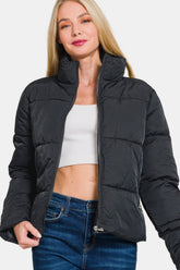 Zenana Women's Zip-Up Turtleneck Puffer Jacket with Pockets - Warm & Stylish Outerwear