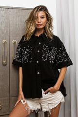 BiBi Sequin Detail Raw Hem Short Sleeve Cotton Shirt - Trendy & Glamorous