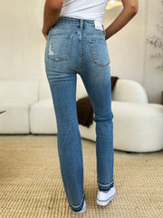 Judy Blue Mid Rise Distressed Jeans with Destroyed Hem - Trendy & Edgy Denim