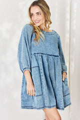 HEYSON Oversized Denim Babydoll Dress - Full Size Trendy Balloon Sleeve