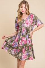 BOMBOM Floral V-Neck Ruched Dress - Elegant & Stylish