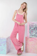 VERY J Vintage-Inspired Texture Washed Wide Leg Cotton Overalls