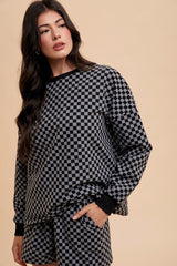 Trendy Checkered Round Neck Top & Drawstring Shorts Set - Annie Wear
