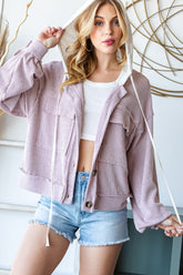 Reborn J Contrast Hooded Ribbed Jacket with Button Down - Chic & Versatile Outerwear