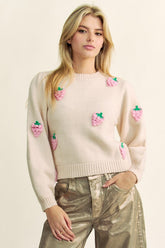 Davi & Dani Whimsical Crochet Strawberry Round Neck Sweater - Cozy & Stylish