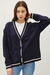 Be Cool Women's Contrast Trim Cable-Knit V-Neck Cardigan - Elegant Buttoned Sweater
